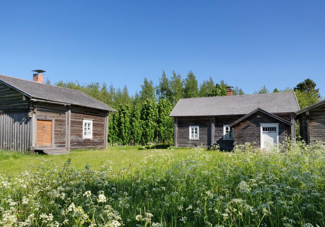 Sissolan pihapiiri, vanhat rakennukset aurinkoisena kesäpäivänä